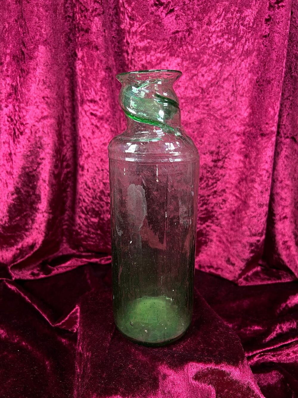 Vintage Decor Hand Blown Green Glass Bottle - Twisted Rim Open Mouth Vase